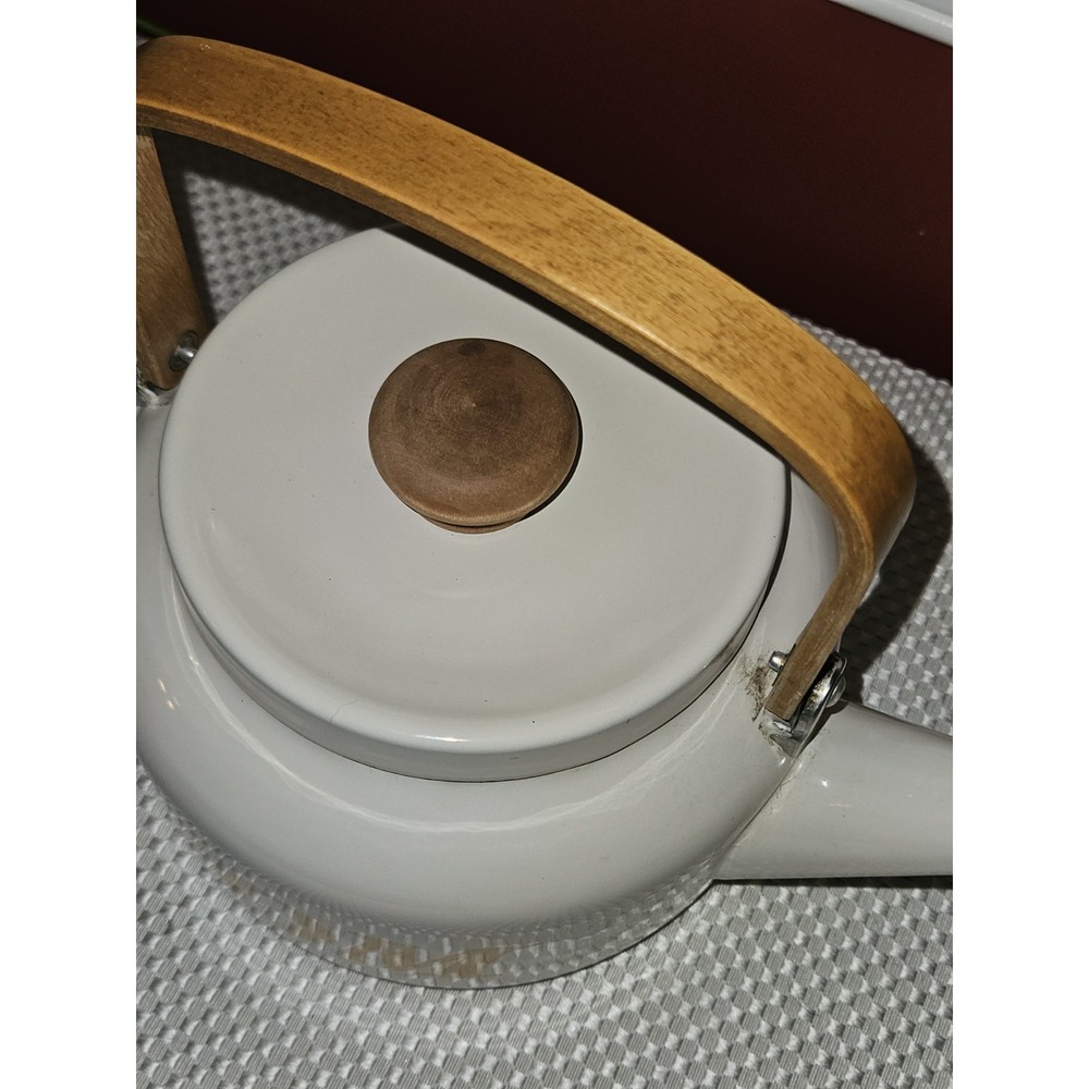 Vintage Enamel Ware Mom Tea Pot Kettle Wood Handle Retro MCM - Picture 4 of 6